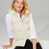Front view of women’s navy and cream waterproof puffer vest on model – Louvóre apparel